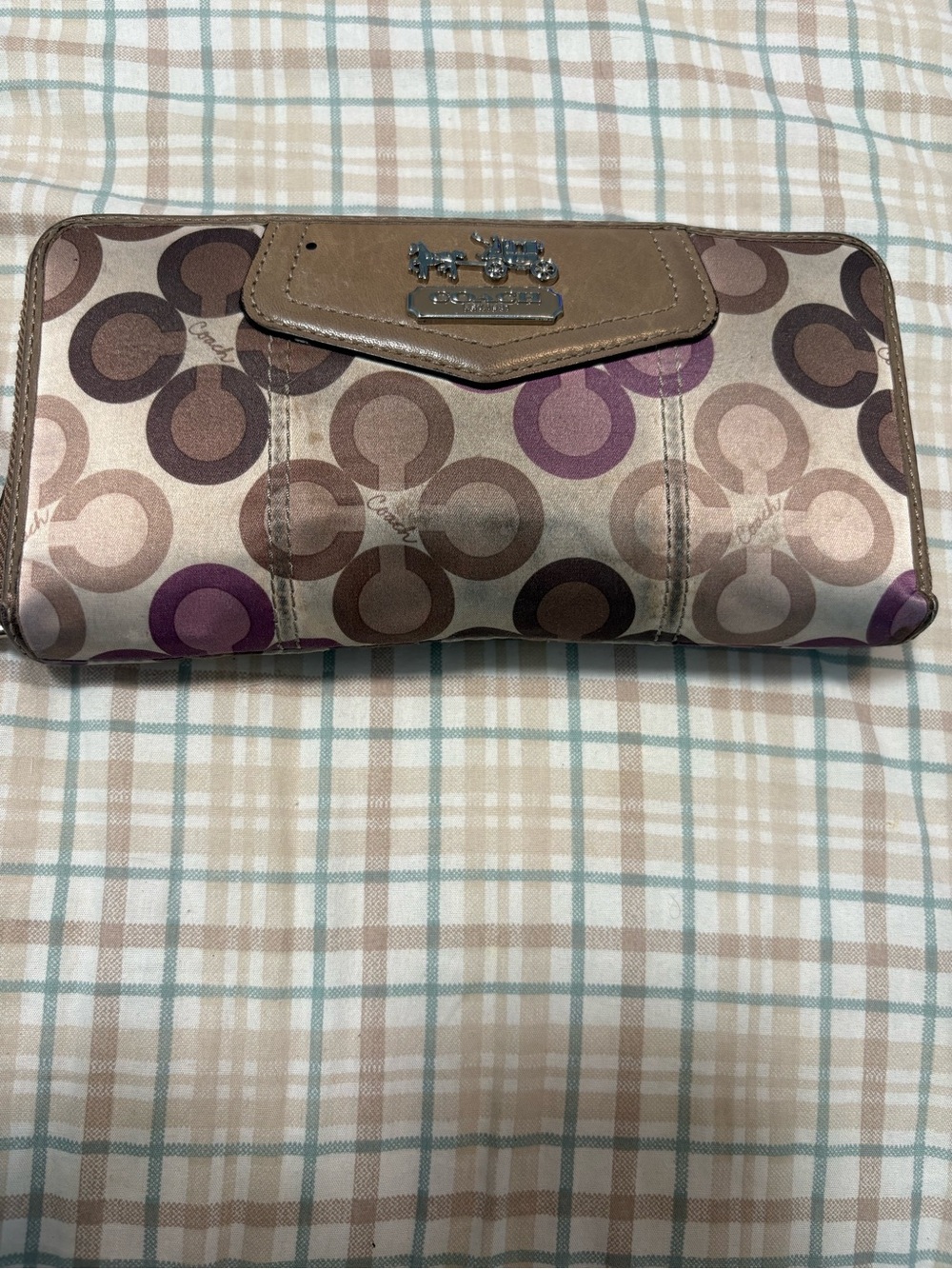 Coach Signature Zip Around Wallet Brown Tan Purple Monogram Large Wristlet